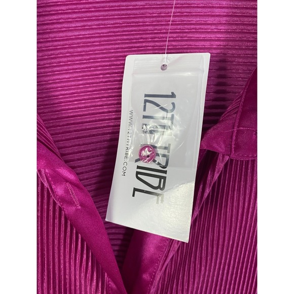 12th‎ Tribe Pleated Satin Button Down Tunic Shirt Dress Magenta Pink L NWT - Picture 4 of 16